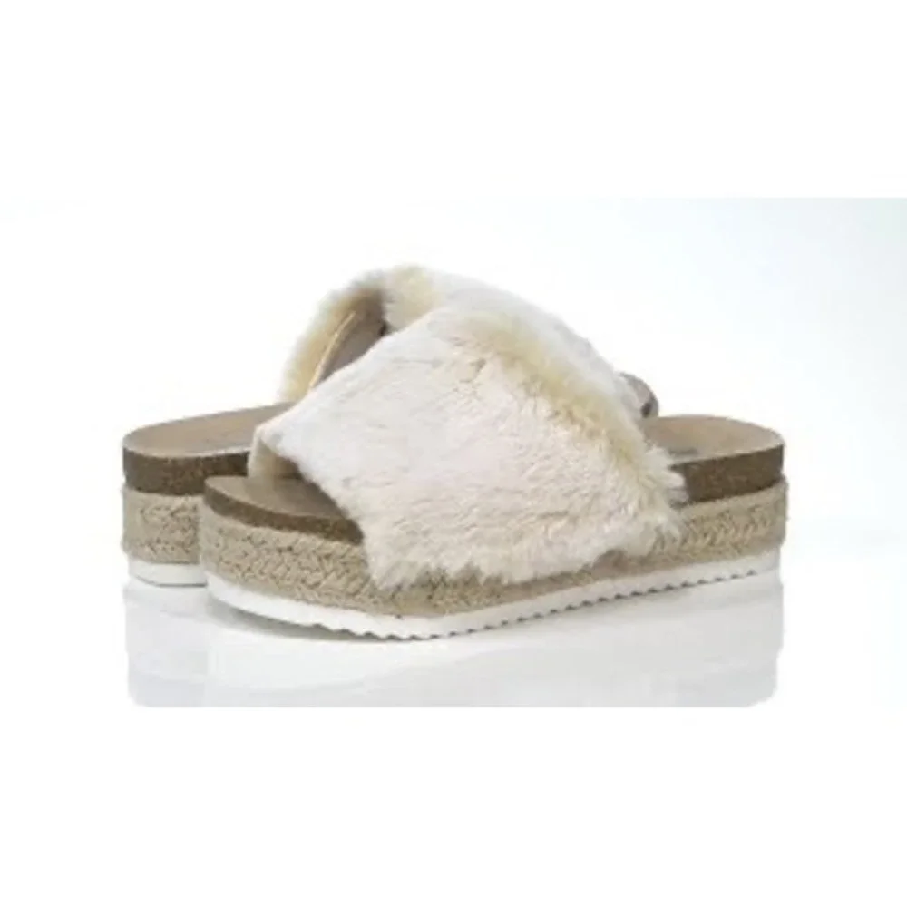 DV Dolce Vita Ilenia Faux Fur Espadrille Platform Slides Cream Beige Womens 8